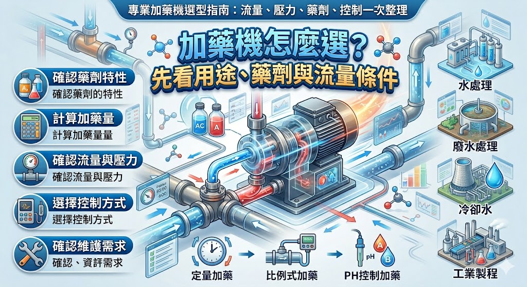 加藥機是水處理、廢水處理、冷卻水與工業製程中常見的定量加藥設備,可協助穩定控制藥劑添加量,降低人工誤差與藥劑浪費。選擇加藥機時,需依藥劑特性、流量需求、管線壓力、控制方式與維護條件綜合評估,才能讓加藥機在現場運作更穩定,並提升整體系統管理效率。