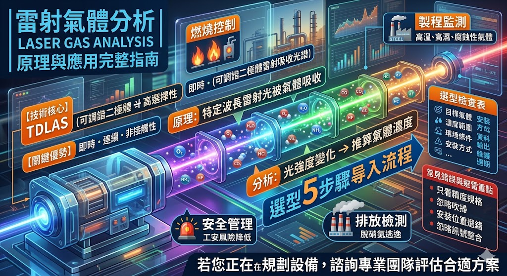 雷射氣體分析是一種利用特定波長雷射光偵測氣體濃度的技術,常用於製程監控、排放檢測、燃燒控制與工安管理。透過雷射氣體分析,企業可即時掌握氧氣、水氣、氨氣、甲烷、一氧化碳等氣體變化,降低取樣誤差並提升監測穩定性。本文將整理雷射氣體分析的原理、適用場域、導入流程、選型檢查重點與常見錯誤,協助工廠、工程單位與設備採購人員評估更合適的氣體分析方案。