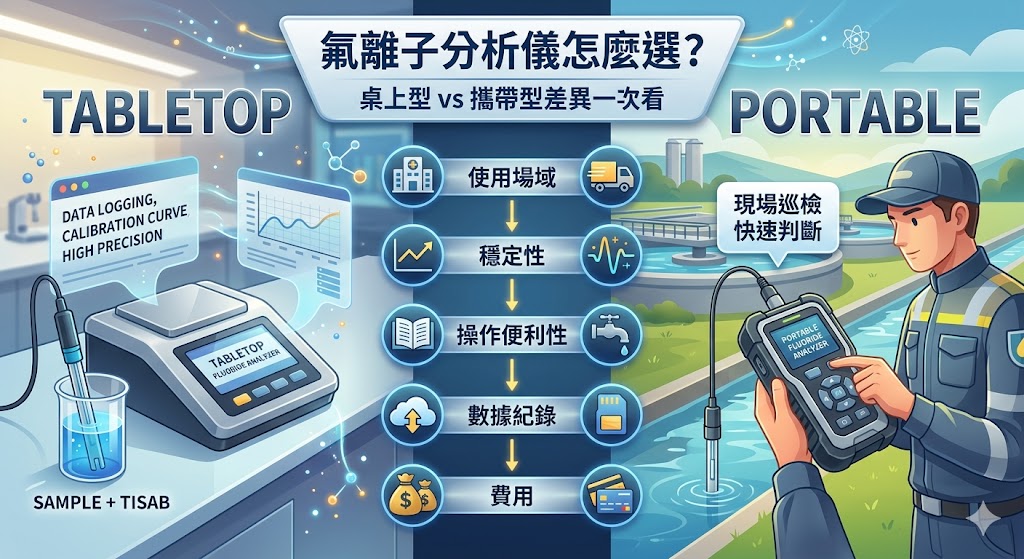 氟離子分析儀是水質檢測、實驗室分析、品管監測與現場巡檢常用的檢測設備,能協助判讀樣品中的氟離子濃度。選擇氟離子分析儀時,建議從使用場域、量測範圍、校正方式、電極相容性、資料輸出、耗材成本與售後支援等面向比較。若重視穩定數據與長期紀錄,桌上型較適合;若需要快速移動與現場判讀,攜帶型更有彈性。透過完整比較氟離子分析儀差異、費用與適用情境,可幫助採購者更精準選擇合適設備。