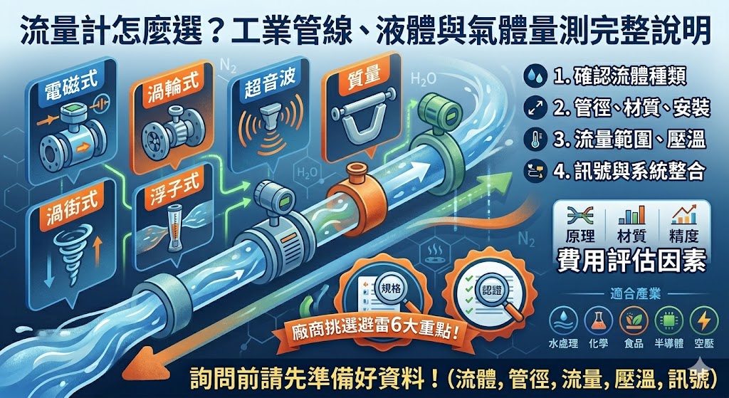 流量計是工業管線、製程監控與能源管理中常見的量測設備,可用於液體、氣體與蒸氣流量監測。選擇流量計時,需評估流體種類、管徑、流量範圍、壓力溫度、安裝環境與訊號輸出需求。本文整理流量計種類、選購流程、廠商挑選、費用因素與常見問題,協助企業依實際需求找到合適的流量計方案,降低選型錯誤與後續維護風險。