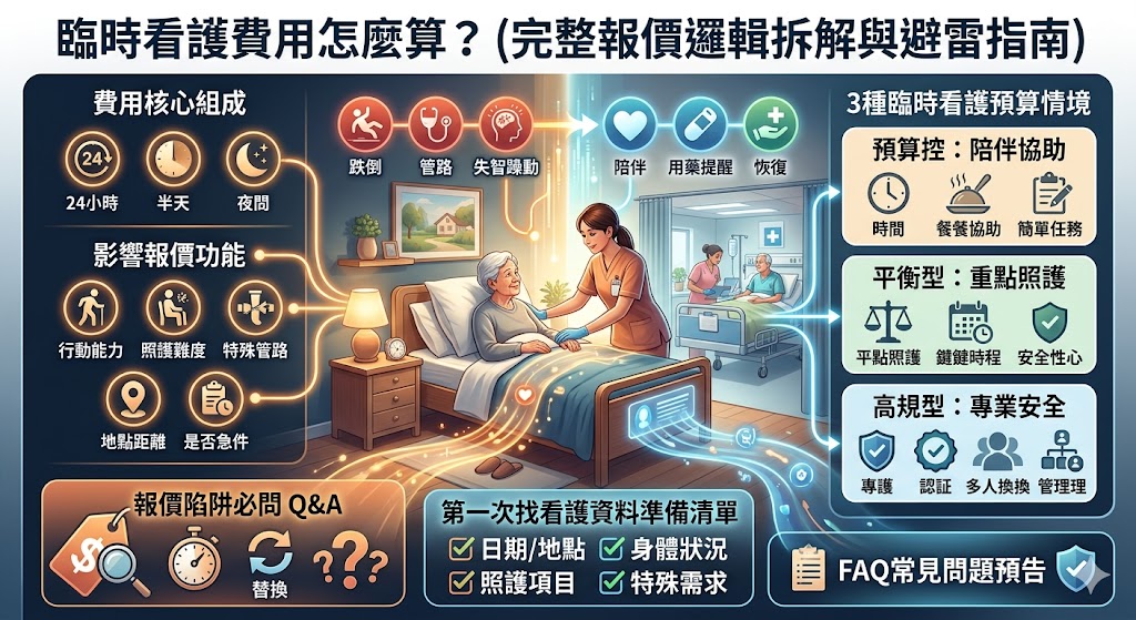 臨時看護費用會依服務時數、照護地點、個案狀況、急件安排與特殊照護需求而有所不同。本文整理臨時看護報價組成、影響價位的因素、預算情境、報價單必問問題與常見FAQ,幫助第一次尋找臨時看護的家屬快速了解費用怎麼算,避免只看低價而忽略照護內容、付款方式、隱藏費用與替補機制,讓臨時照護安排更清楚安心。